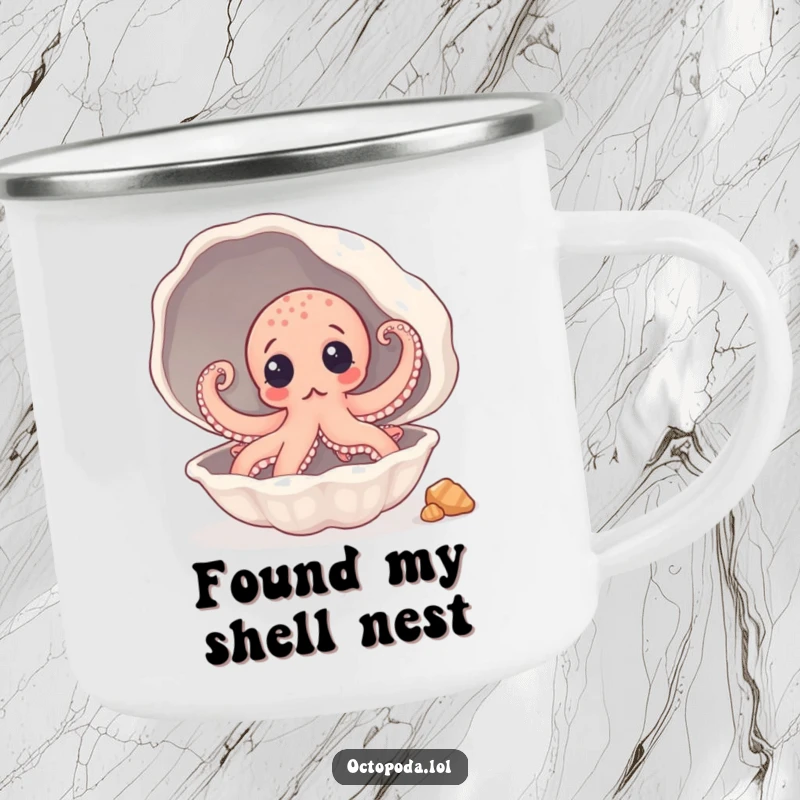 Funny Camping Mug: A surprised octopus peeking from a giant seashell, ideal for outdoor escapades and laughs.