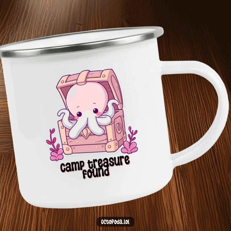 Funny Chubby Octopus Camping Mug: A chubby octopus peeking from a treasure chest, perfect for enjoying drinks during outdoor adventures.