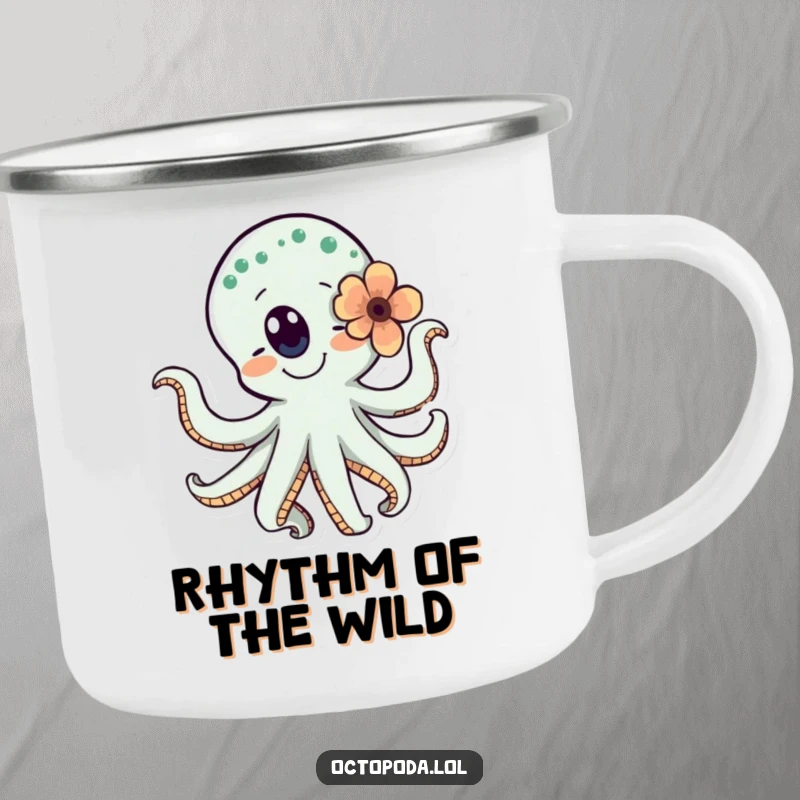 Funny camping mug with a dancing octopus and flower, perfect for outdoor enthusiasts who embrace joy and fun.