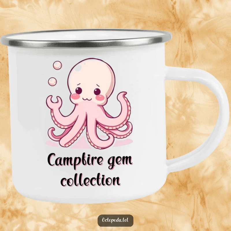 Funny Kawaii Octopus Camping Mug: A cute octopus juggling shiny pearls, perfect for enjoying drinks during outdoor adventures with charm.