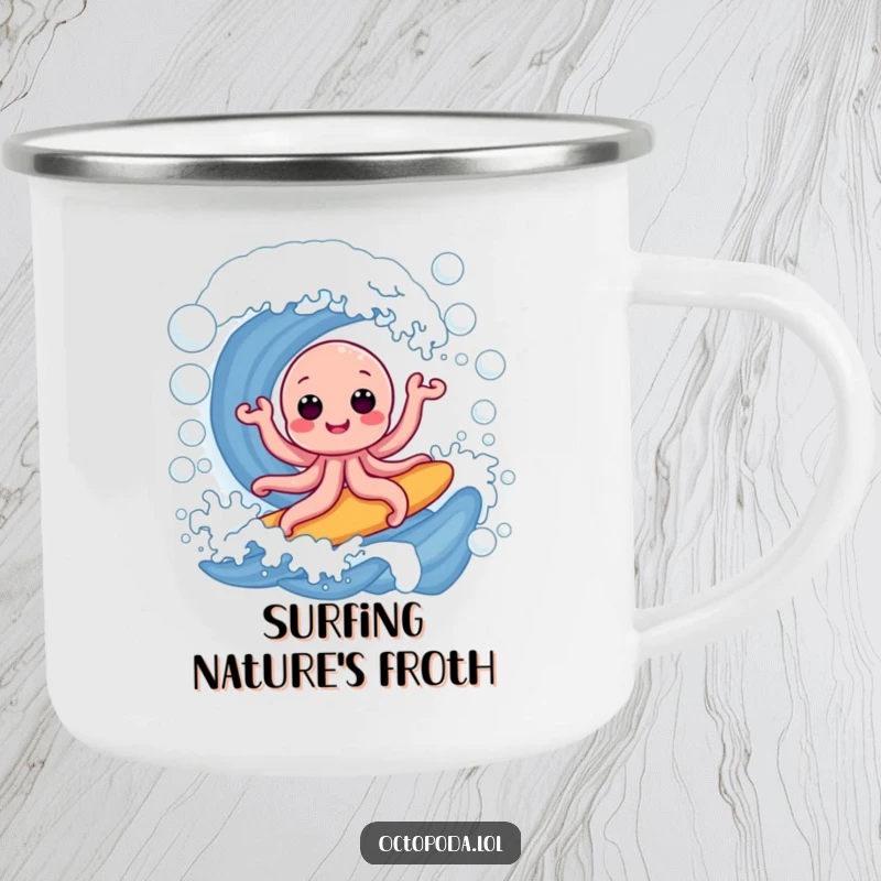 Funny camping mug: a cheerful octopus surfing a giant wave of soap bubbles, perfect for enjoying beverages during outdoor adventures.