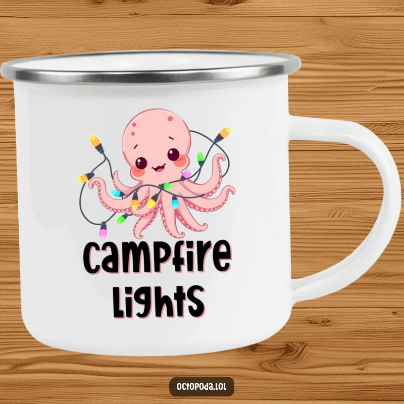 Funny camping mug showing a playful octopus comically tangled in a string of colorful lights, perfect for festive campfires.