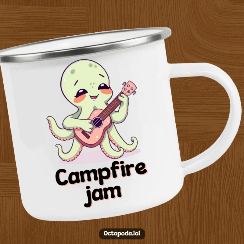Funny camping mug with a giggling octopus playing a ukulele around a campfire, embodying the spirit of musical adventure.