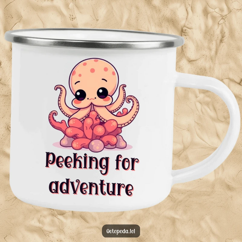 Funny camping mug showing a curious octopus peeking from behind vibrant coral, perfect for enjoying drinks on the go.