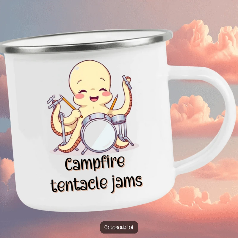 Funny camping mug depicting a giggling octopus drummer playing a miniature drum set, perfect for enjoying drinks in the great outdoors with a musical twist.