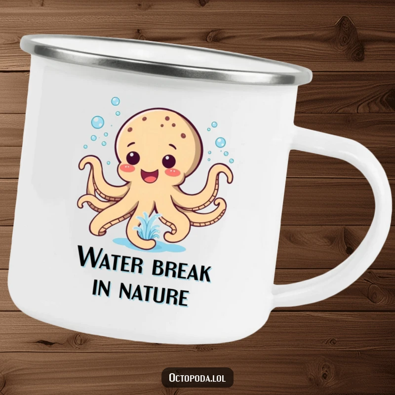 Funny Camping Mug: A happy octopus sprays water like a playful fountain, ideal for outdoor fun.