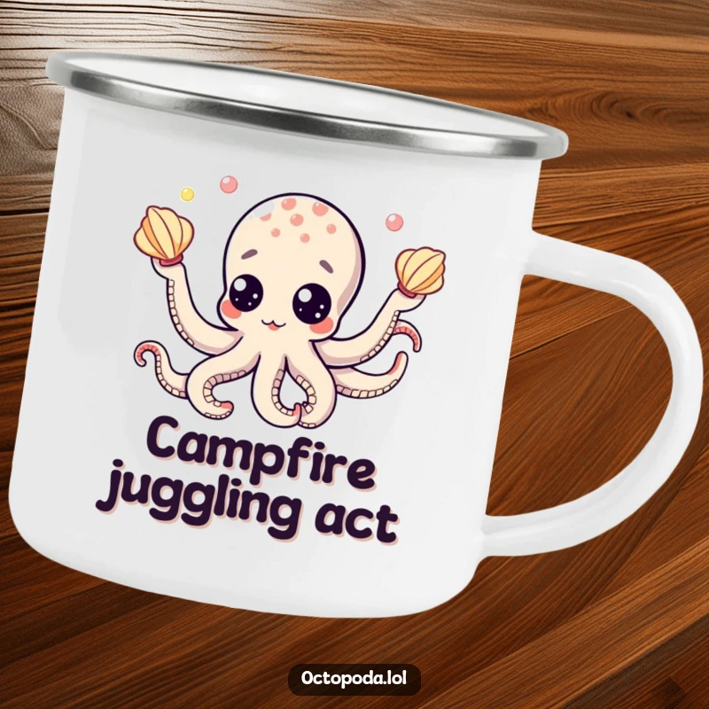 Funny camping mug featuring a cute octopus with googly eyes, juggling seashells, perfect for a humorous outdoor experience.