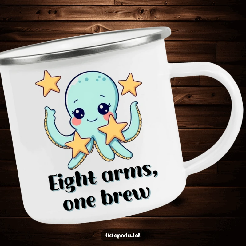 Funny camping mug showing a cute octopus with joyful eyes, juggling three starfish, perfect for outdoor adventures.