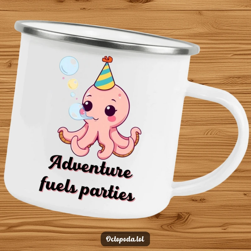 Funny camping mug with a party octopus blowing a bubble, perfect for enjoying drinks during outdoor adventures with a festive vibe.