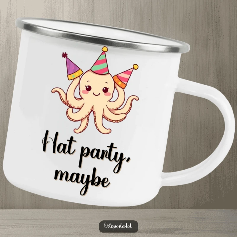 Funny Octopus Camping Mug: A smiling, tiny octopus hilariously entangled in party hats on a sturdy enamel mug.