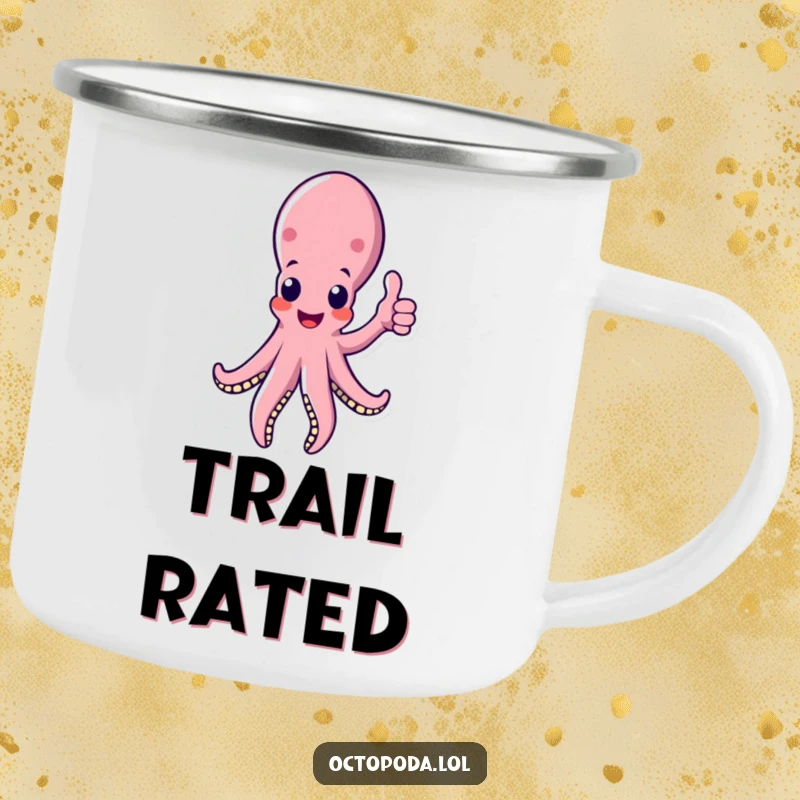 Funny octopus camping mug with a supportive tentacle giving a thumbs up, perfect for adventurers needing a cheer.