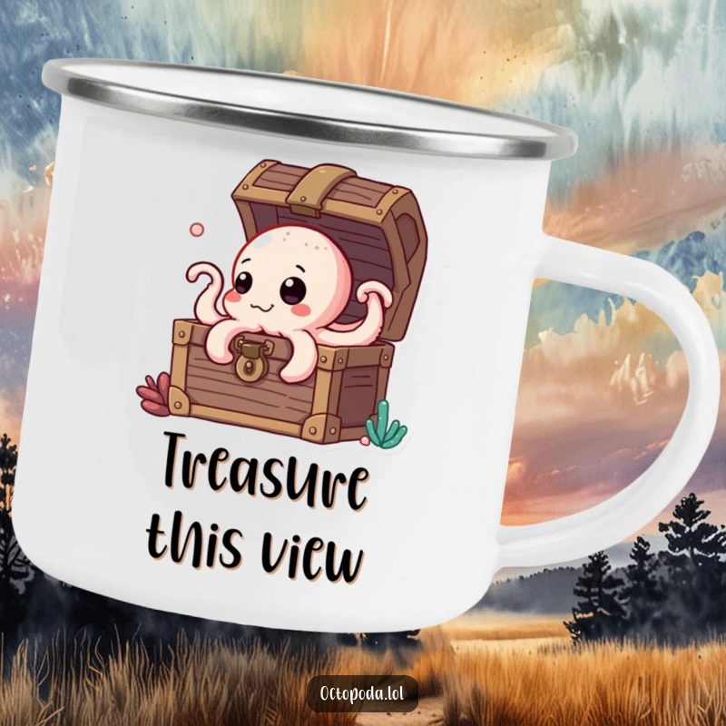 Funny camping mug featuring a curious octopus peeking from a treasure chest, perfect for humorous outdoor enjoyment.