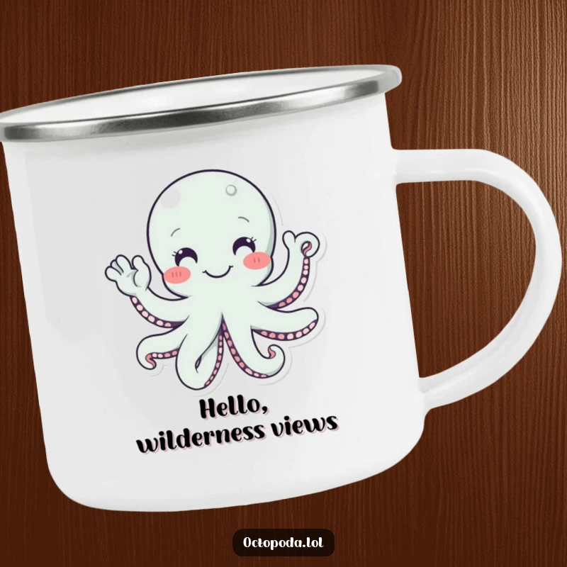 Funny camping mug featuring a smiling octopus with tentacles waving hello, perfect for humorous outdoor enjoyment.
