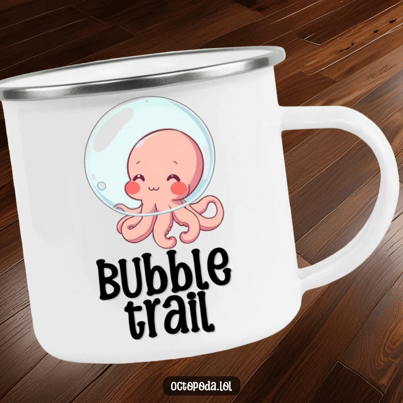 Funny Octopus Camping Mug featuring a shy, blushing octopus character hiding behind a bubble, perfect for outdoor enthusiasts and humor.