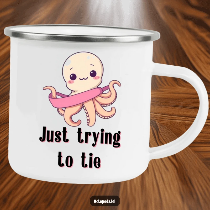 Funny camping mug: a smiling octopus comically trying to wrap itself in a long, continuous ribbon, ideal for campfire stories and hot beverages.
