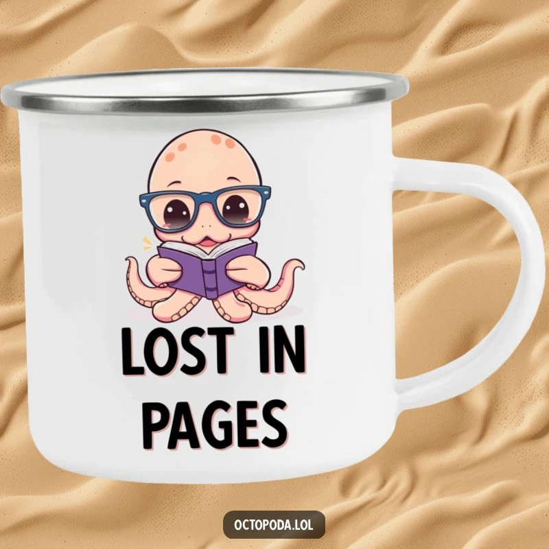 Funny Octopus Reading Camping Mug: Durable enamel mug with a funny octopus wearing glasses, reading a tiny book, perfect for outdoor enthusiasts.