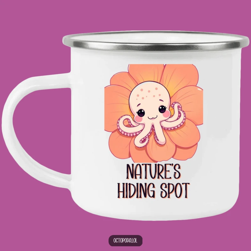 Funny Shy Octopus Camping Mug: Cute Peeking Cephalopod Enamel Cup for Gentle Adventures
