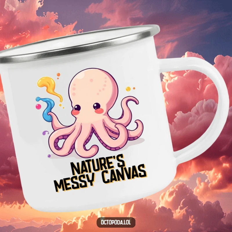 Funny Kawaii Octopus Camping Mug artfully squirting ink, durable and portable for outdoor adventures, a cheerful cephalopod accessory.