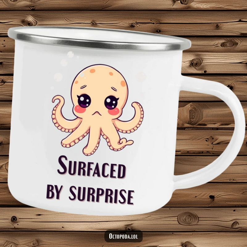 Funny camping mug with a surprised octopus floating in a bubbly sea, perfect for outdoor drinks and laughs.