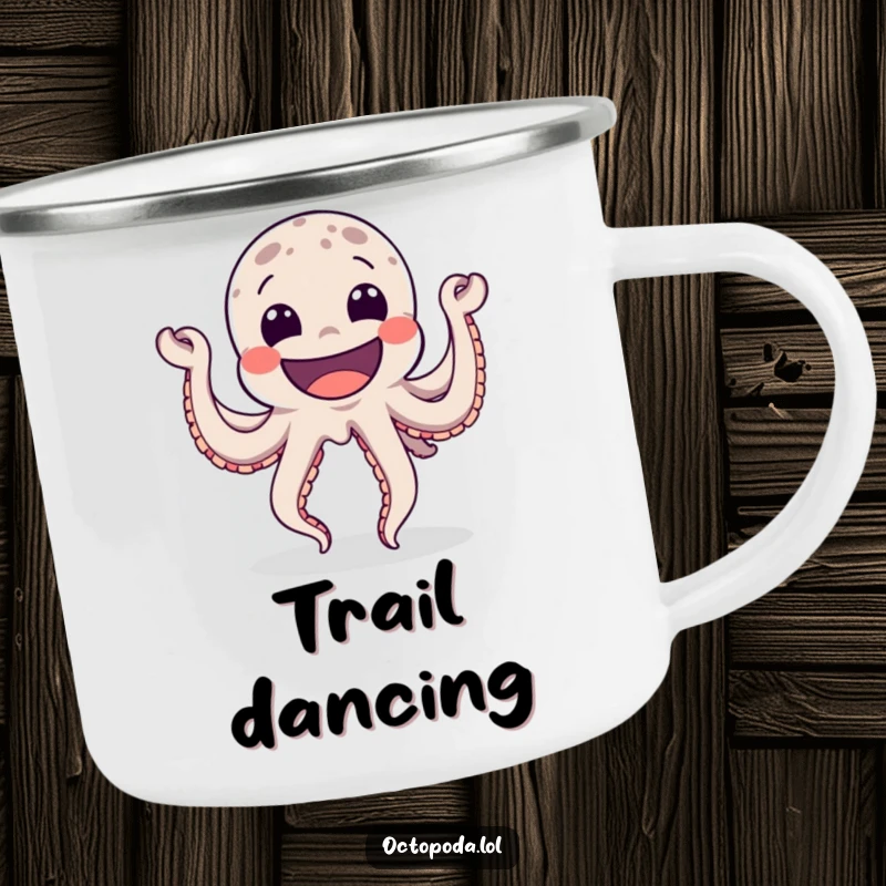 Funny Camping Mug with a happy octopus dancing with a wide grin, perfect for campers and outdoor enthusiasts who love joyful designs.
