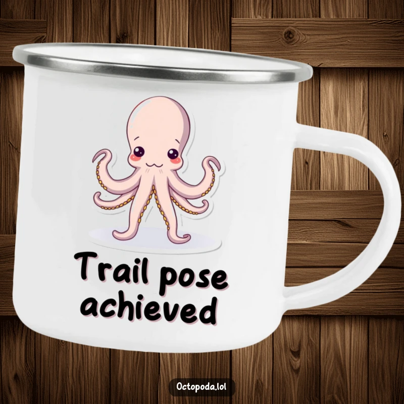 Funny Yoga Octopus Camping Mug: A durable enamel mug featuring a funny octopus in a twisted yoga pose, perfect for outdoor enthusiasts.