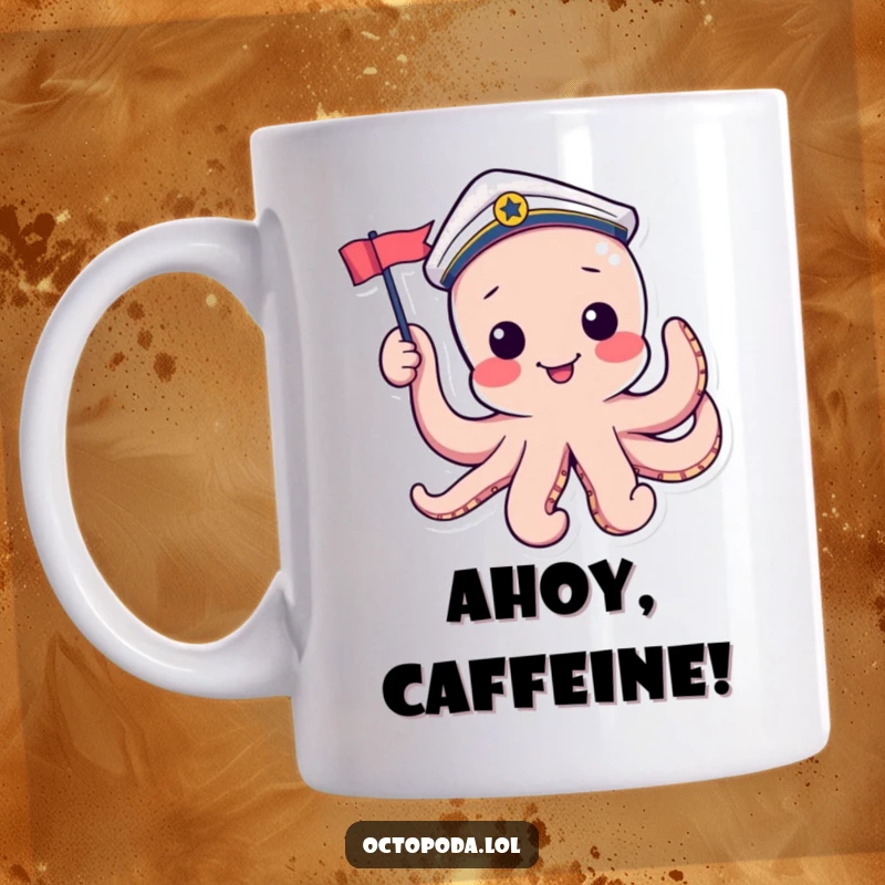 Funny mug with a playful octopus wearing a sailor hat, waving a small flag, ready for nautical adventures.