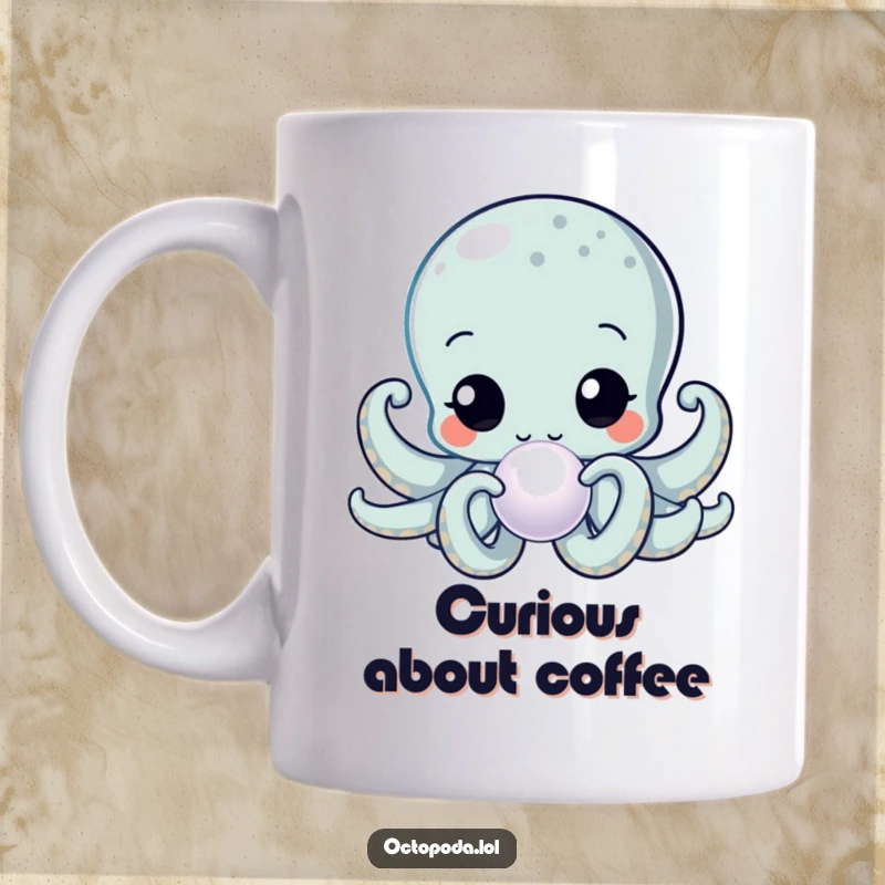 Funny Kawaii Octopus Mug with wide, curious eyes, a cephalopod intently inspecting a shimmering pearl, a delightful treasure hunter.