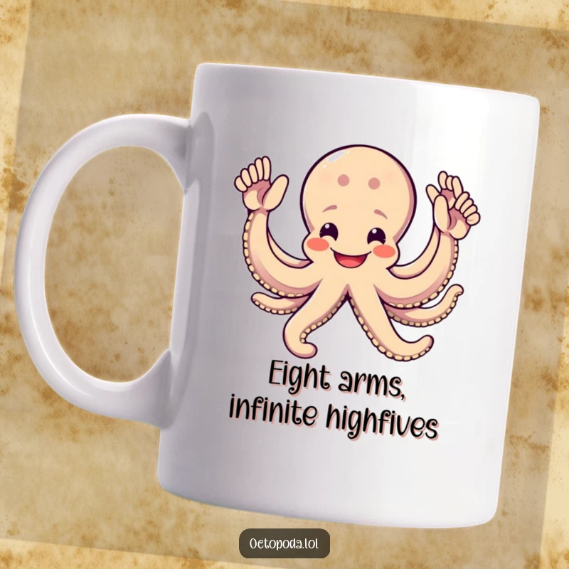 Funny Octopus Mug: A cheerful octopus with eight arms outstretched, enthusiastically ready for a high-five, radiating pure joy and friendliness.