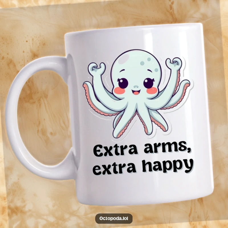 Funny Octopus Mug with a cute character waving all eight arms excitedly, perfect for a cheerful greeting.