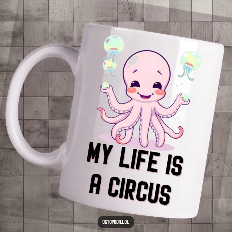 Funny mug featuring a giggling octopus character expertly juggling luminous jellyfish, embodying a playful and chaotic circus act.