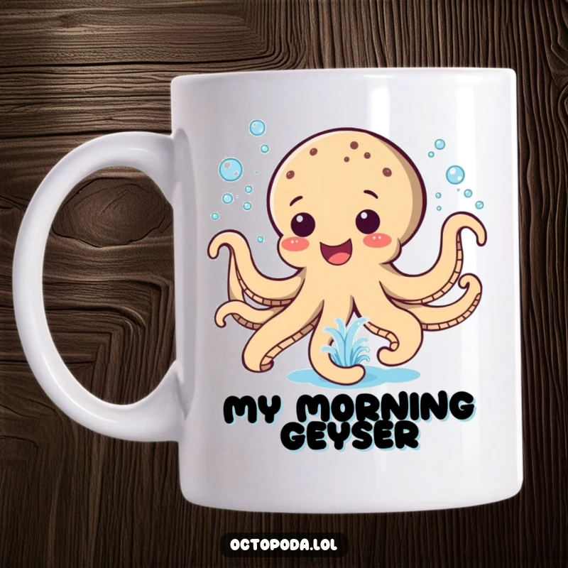 Funny Mug: A happy octopus joyfully spraying water, mimicking a playful fountain with enthusiastic splashes.