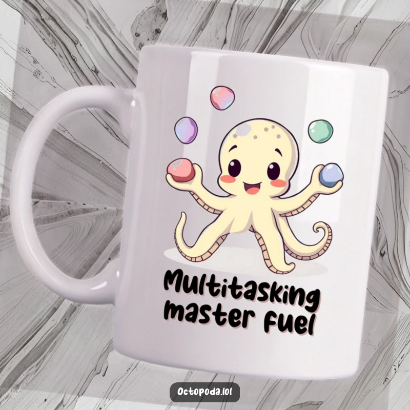Funny Juggling Octopus Mug: An octopus character happily juggles four shiny pebbles, showcasing playful skill.