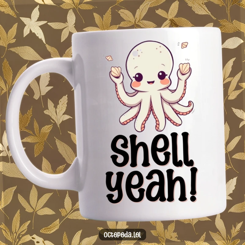 Funny octopus mug featuring a playful octopus character skillfully juggling small seashells, evoking beachside fun.