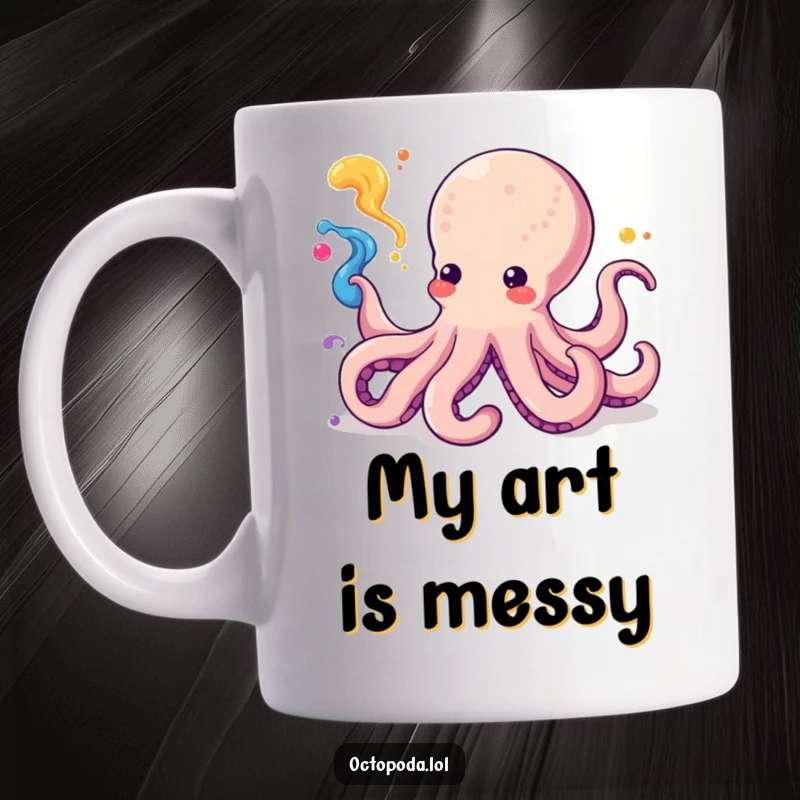 Funny Kawaii Octopus Mug squirting vibrant, swirling ink patterns, a playful and artistic cephalopod delight perfect for gifts.
