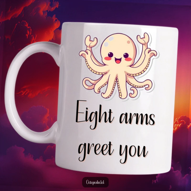 Funny Mug: An adorable kawaii octopus with all eight arms waving wildly and energetically in pure excitement, a joyful sea creature design.