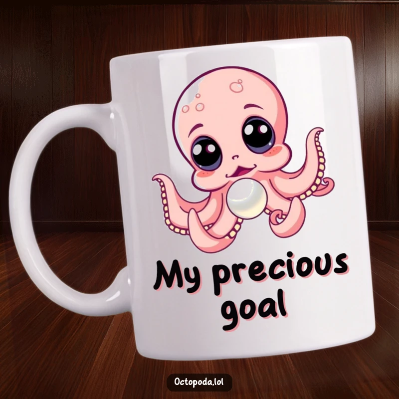Funny mug featuring an excited octopus with wide eyes, desperately chasing a gleaming pearl across the ocean floor.