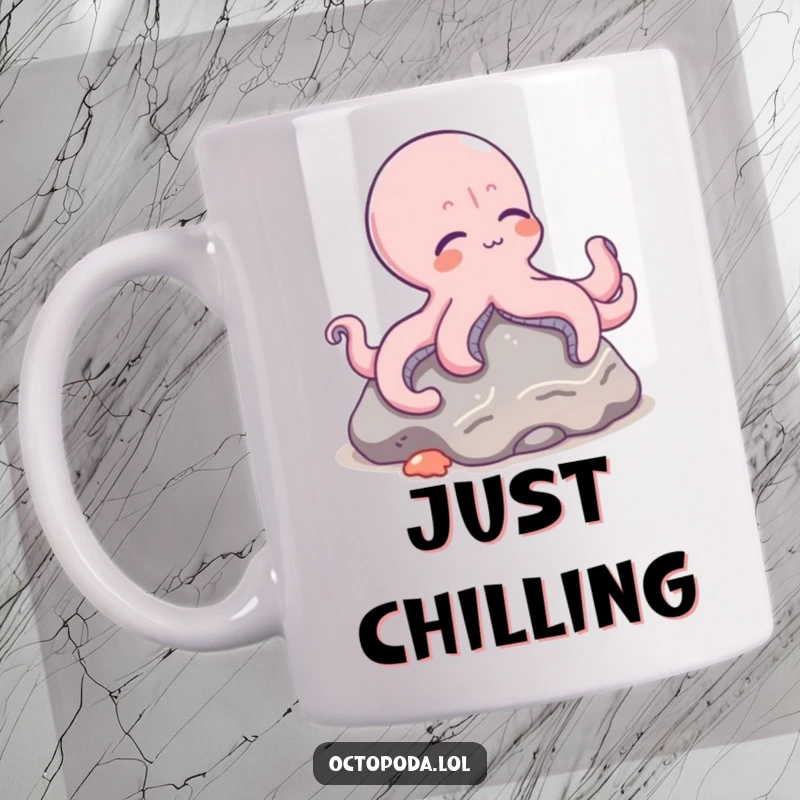 Funny mug featuring a content octopus character lounging leisurely on a smooth seafloor rock, embodying ultimate relaxation.