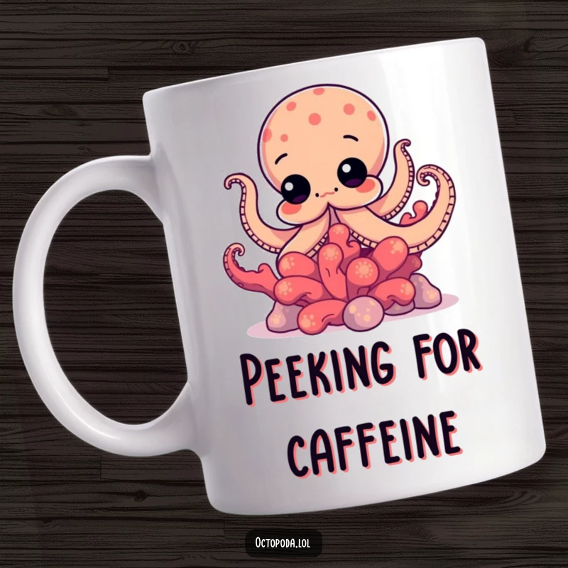 Funny mug showing a curious octopus with wide eyes, peeking playfully from behind a colorful and vibrant coral formation.