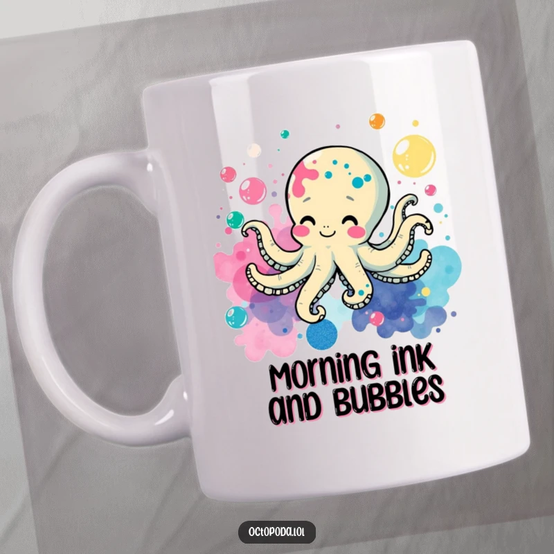 Funny mug featuring a cheerful octopus leaving ink splatters as it playfully swims through a sea of colorful bubbles.