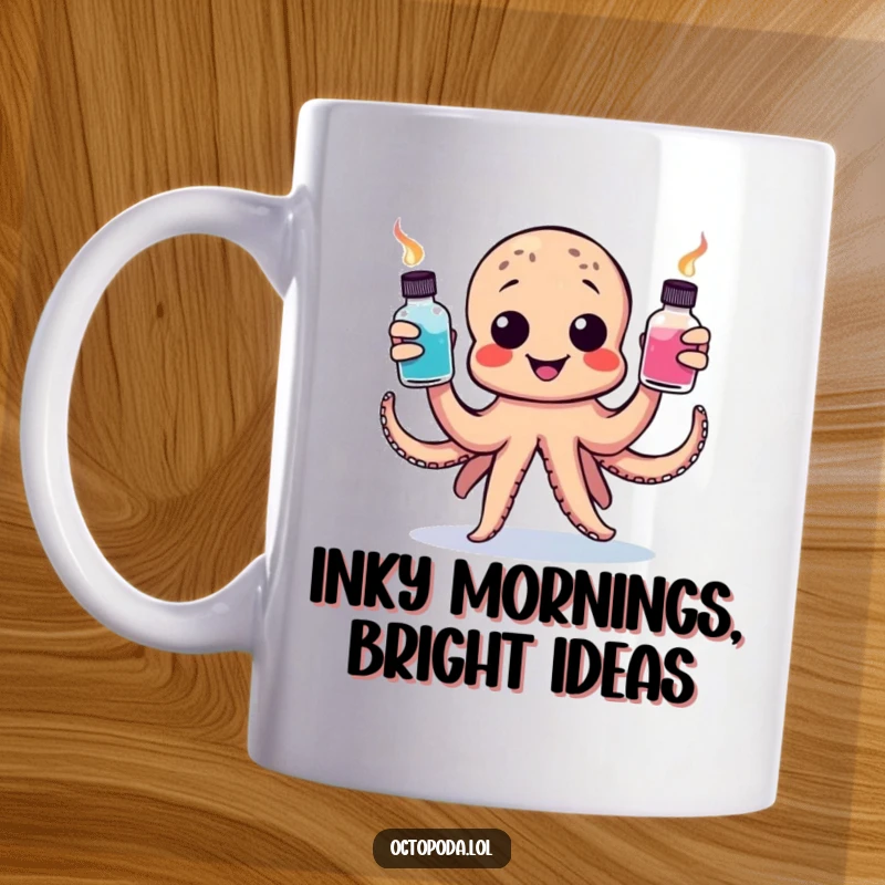 Funny mug featuring a happy octopus skillfully juggling three colorful ink bottles, symbolizing creativity and multitasking fun.
