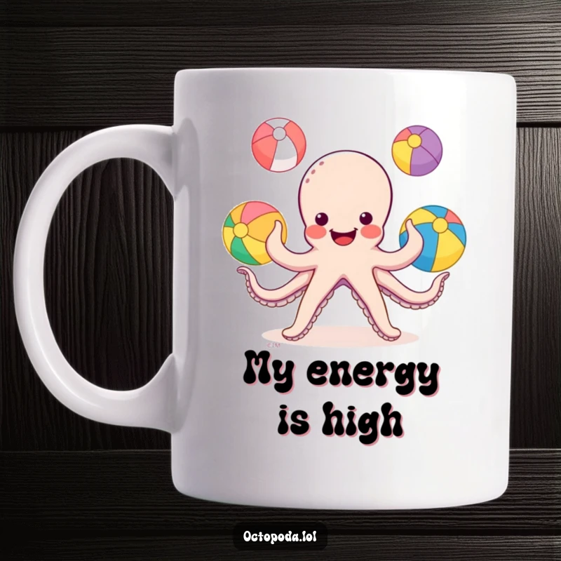 Funny Octopus Mug: a smiling octopus happily juggling three colorful beach balls with its many arms.