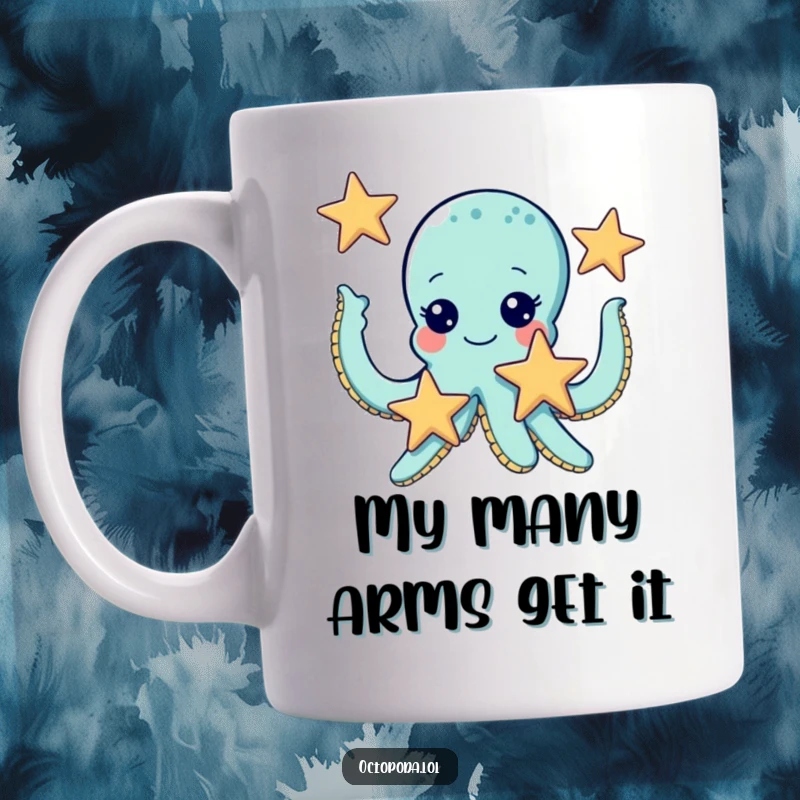 Funny mug featuring a cute octopus with giggling eyes, expertly juggling three starfish with a look of pure joy.
