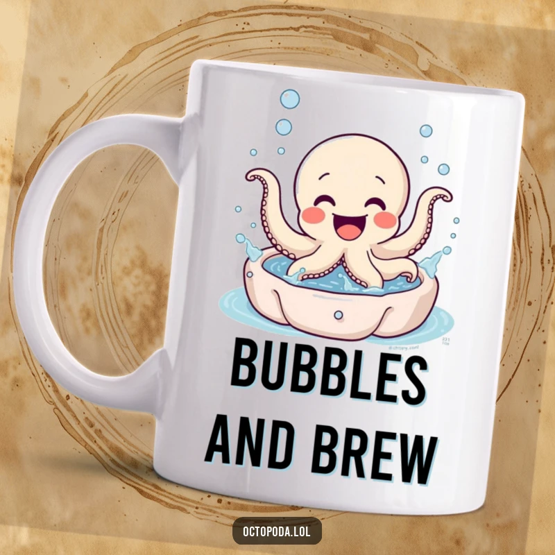 Funny Octopus Splash Mug: An excited, happy octopus character gleefully splashing and playing in a miniature bubbly pool.