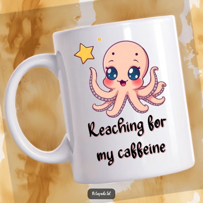 Funny mug: an excited octopus with wide eyes stretching its tentacles towards a beautiful, shimmering star floating just out of reach.