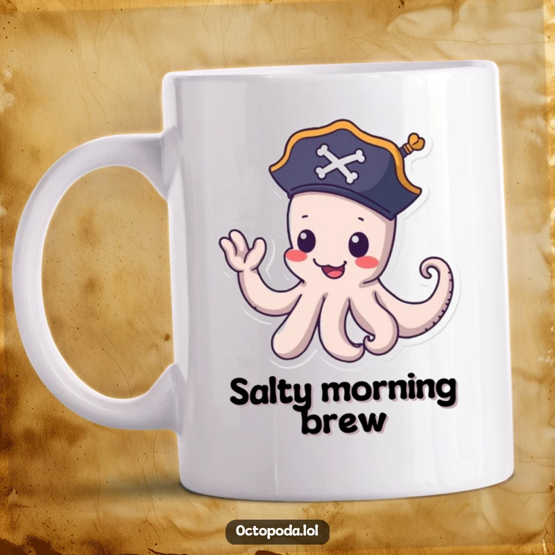 Funny pirate octopus mug: a playful octopus wearing a tiny pirate hat waves a tentacle goodbye, charming and sea-faring.