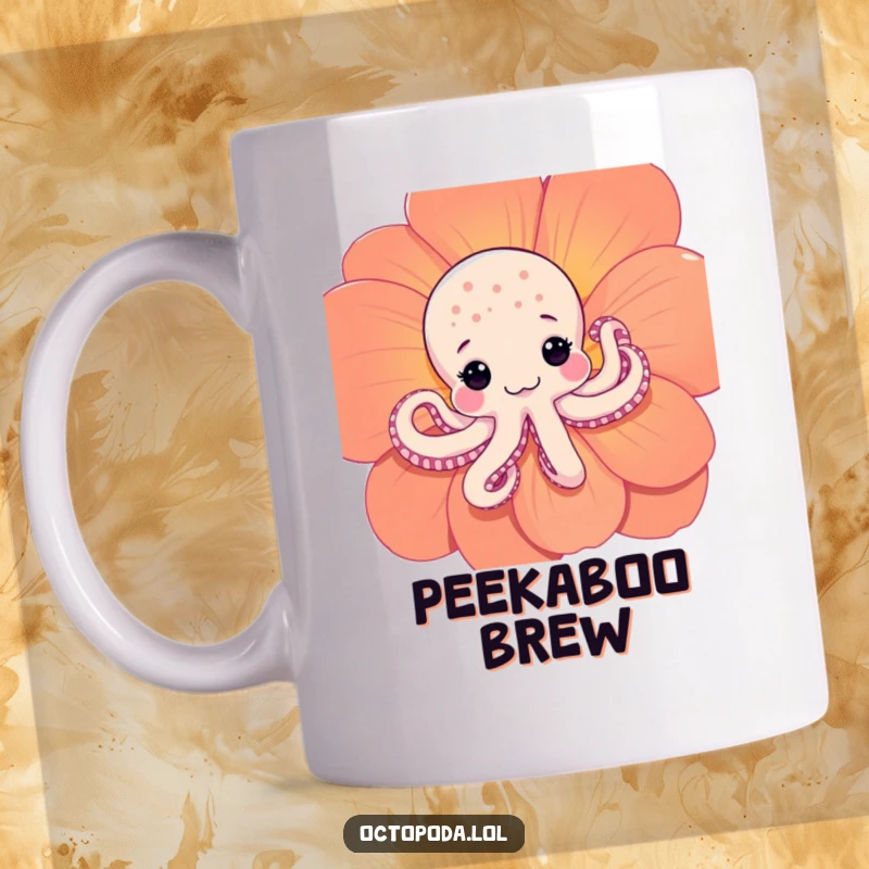 Funny Shy Octopus Mug: An adorable, timid octopus peeks out from behind a vibrant flower, a cute and funny design for introverts.