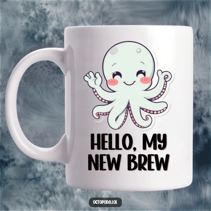 Funny mug featuring a smiling octopus character with numerous tentacles enthusiastically waving hello, radiating friendliness.