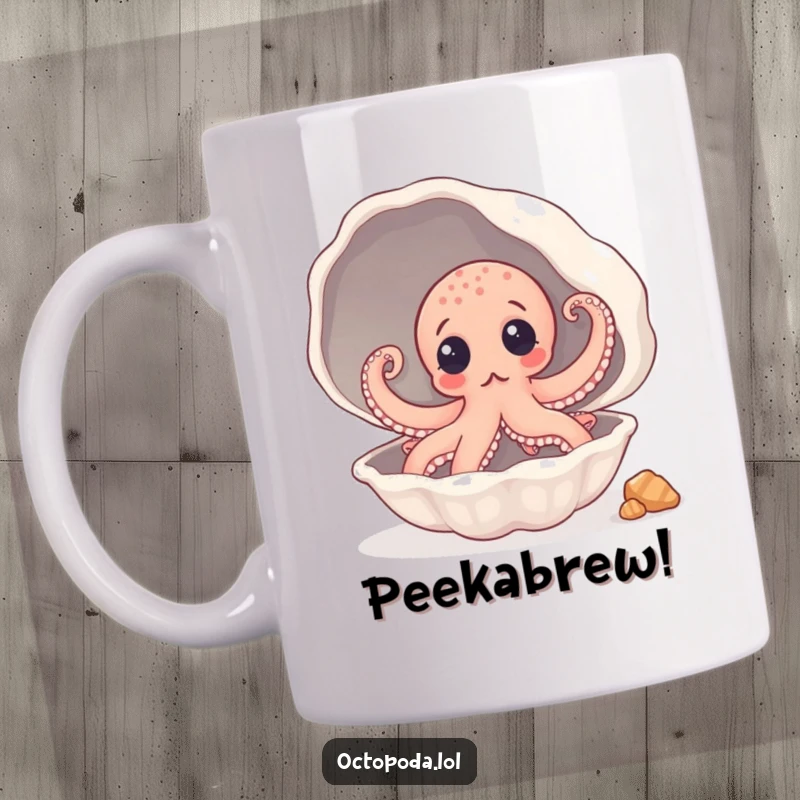 Funny Mug: A surprised octopus peeking shyly from inside a giant, ornate seashell, wide-eyed and curious.