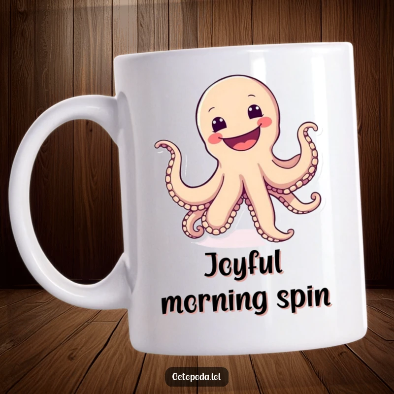 Funny mug showing a happy octopus performing a cartwheel with a wide, infectious, joyful grin, spreading pure delight.