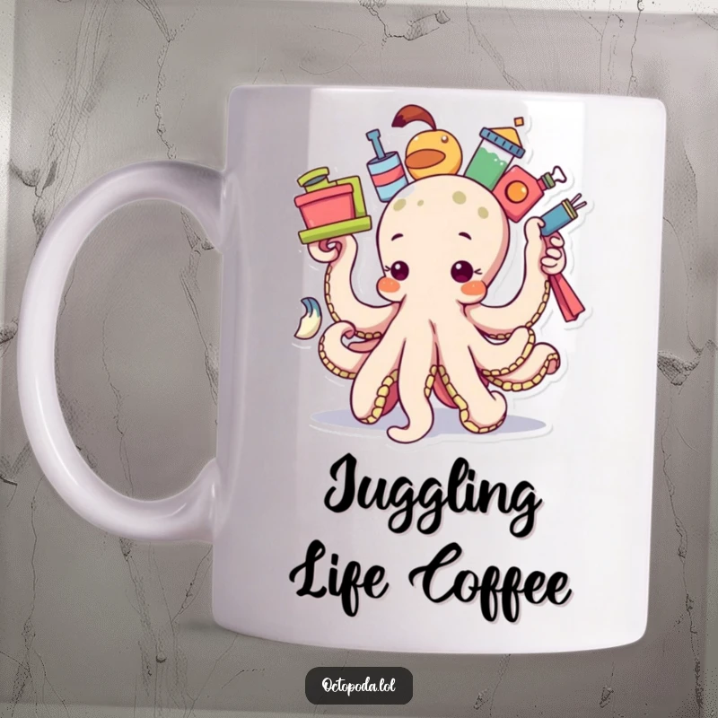 Funny determined octopus mug, an octopus struggling to balance many different items precariously, showcasing its goal-oriented effort.